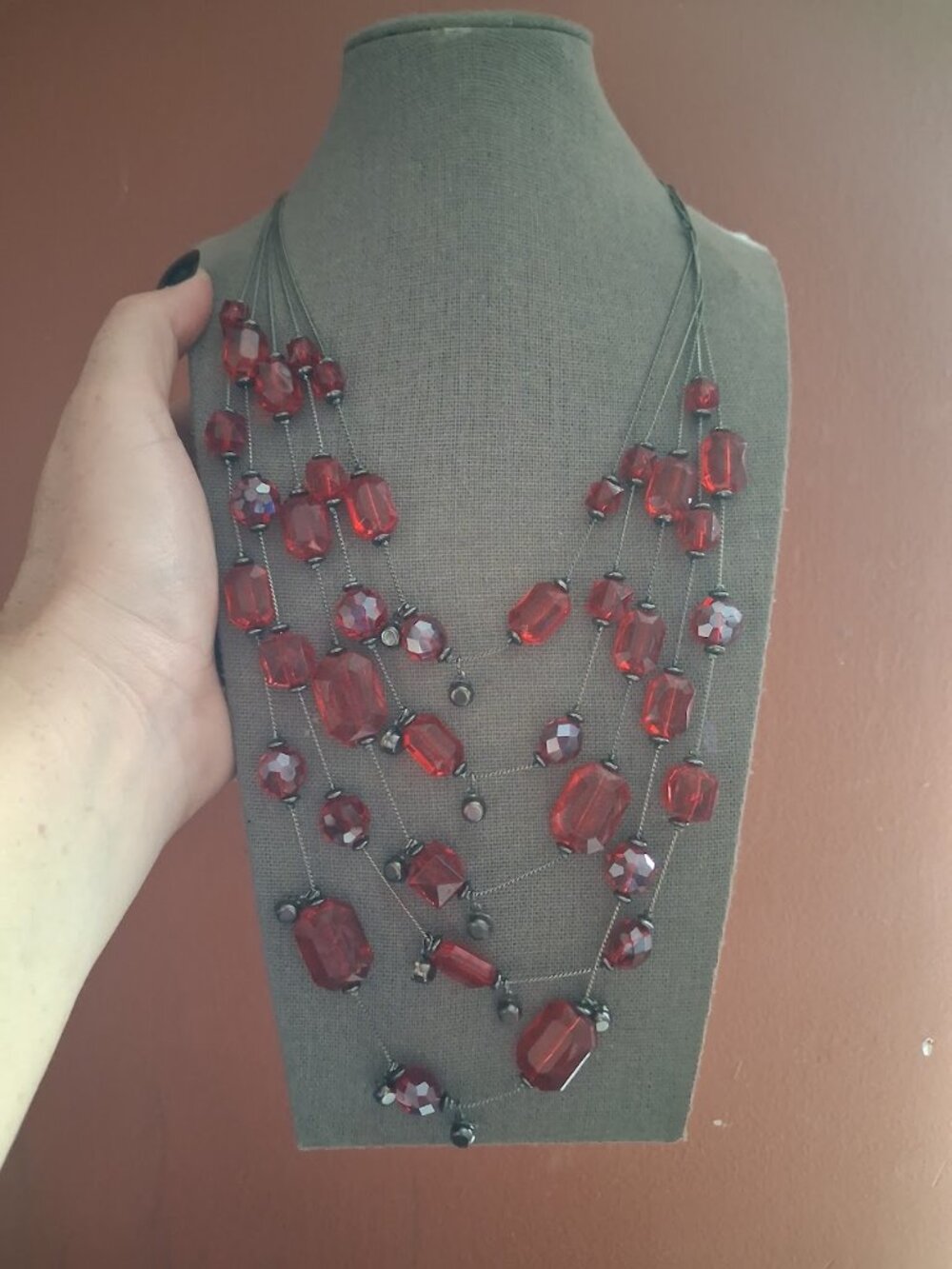 Red beaded multistrand necklace